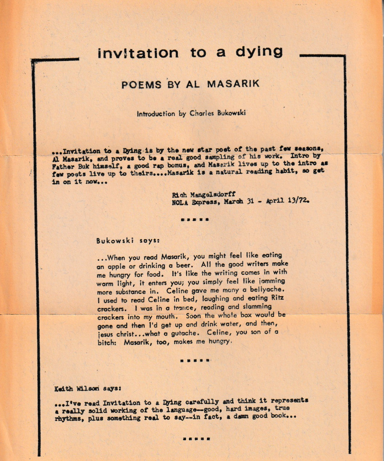 Charles Bukowski Introduction to Al Masarik’s “Invitation to a Dying” with Book Announcement Flyer