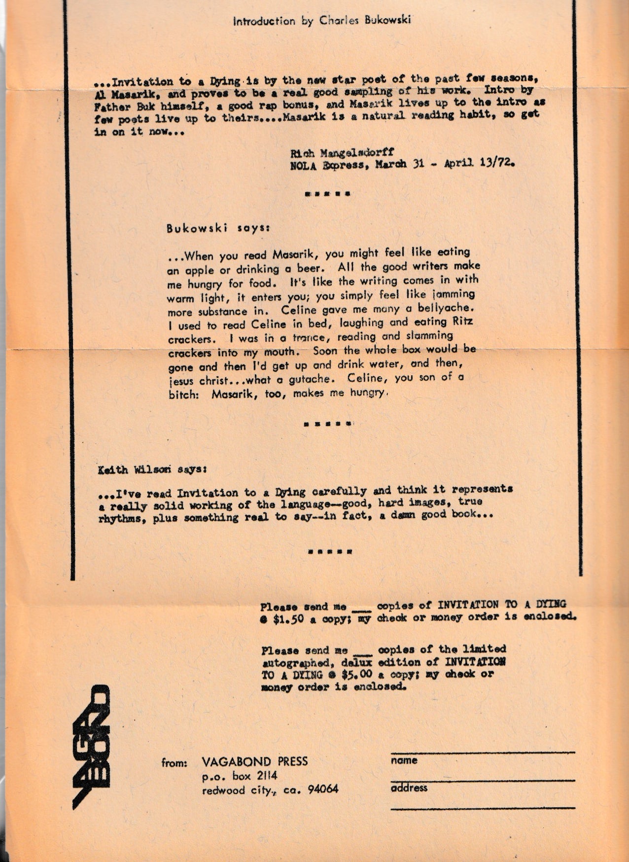 Charles Bukowski Introduction to Al Masarik’s “Invitation to a Dying” with Book Announcement Flyer