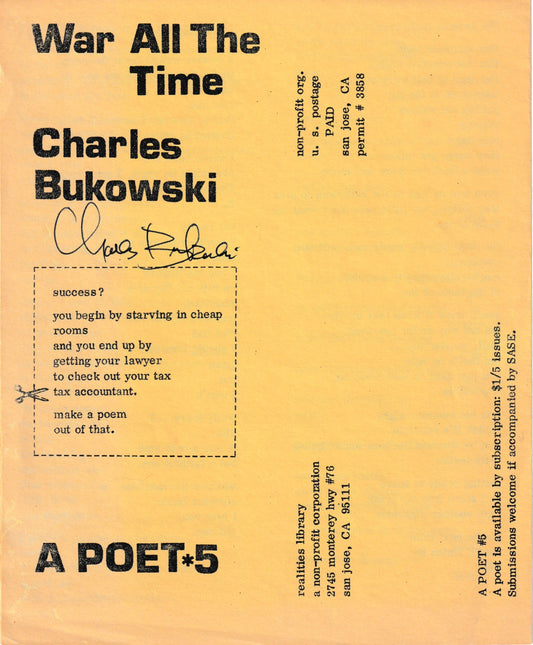 Signed by Charles Bukowski: A Poet #5 from Realities Library: Three Uncollected Poems, Six Total