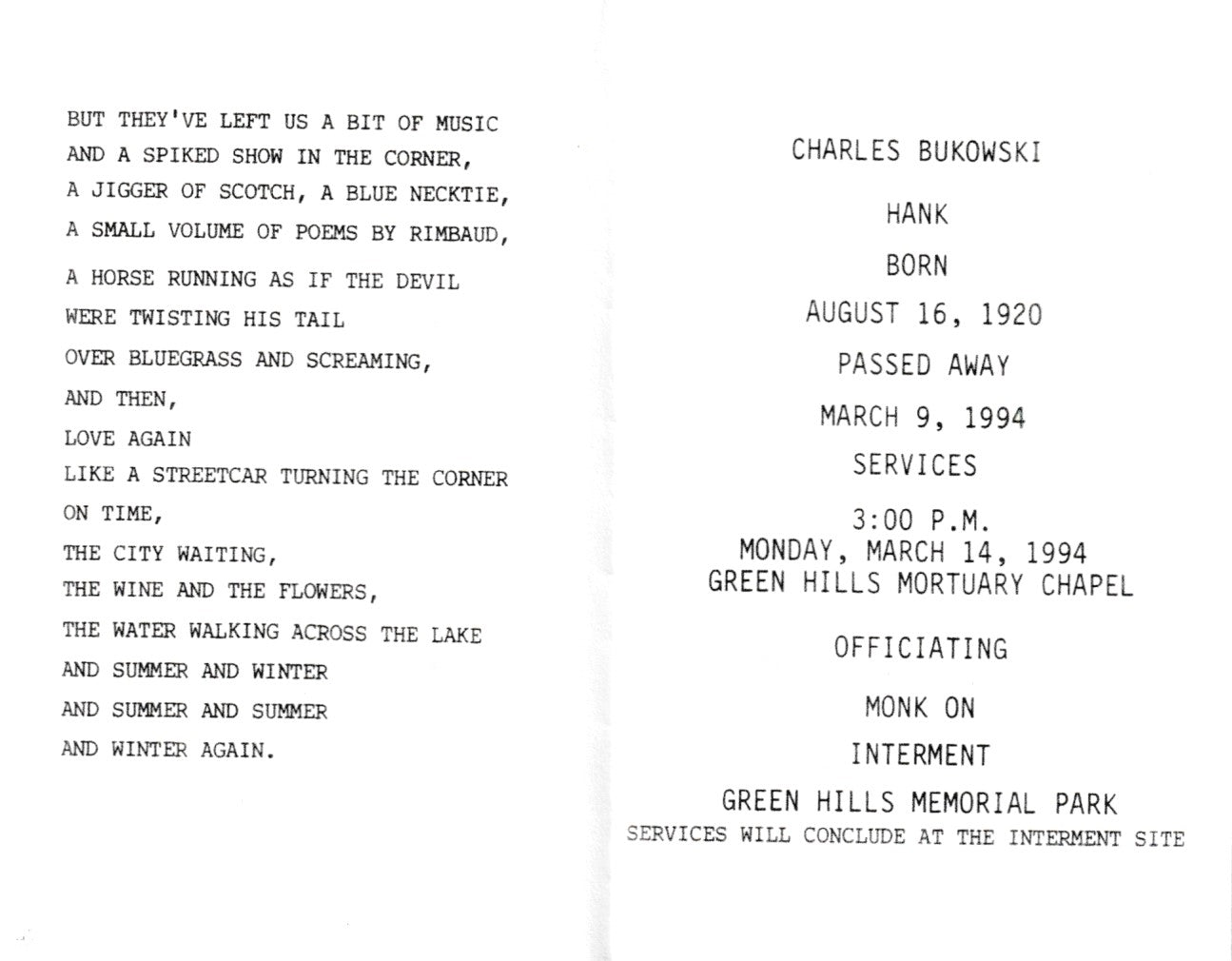 Charles Bukowski Funeral Card