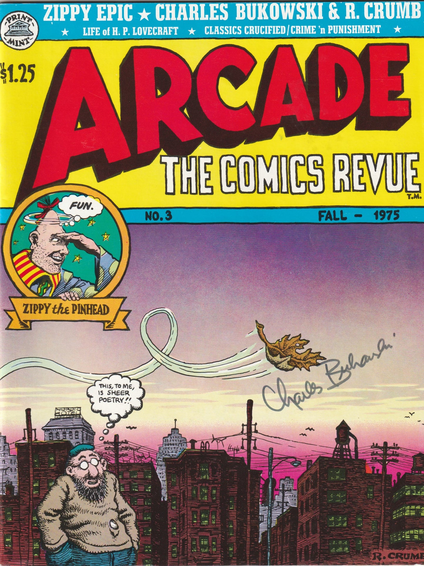 Signed Issue of Arcade 3 with a Bukowski Short-Story Illustrated by R. Crumb, Photocopies of Pre-Production Layouts with a Signed Note From Bill Griffith to John Martin, Promotional Flyer From Arcade for upcoming Bukowski/Crumb Issue.