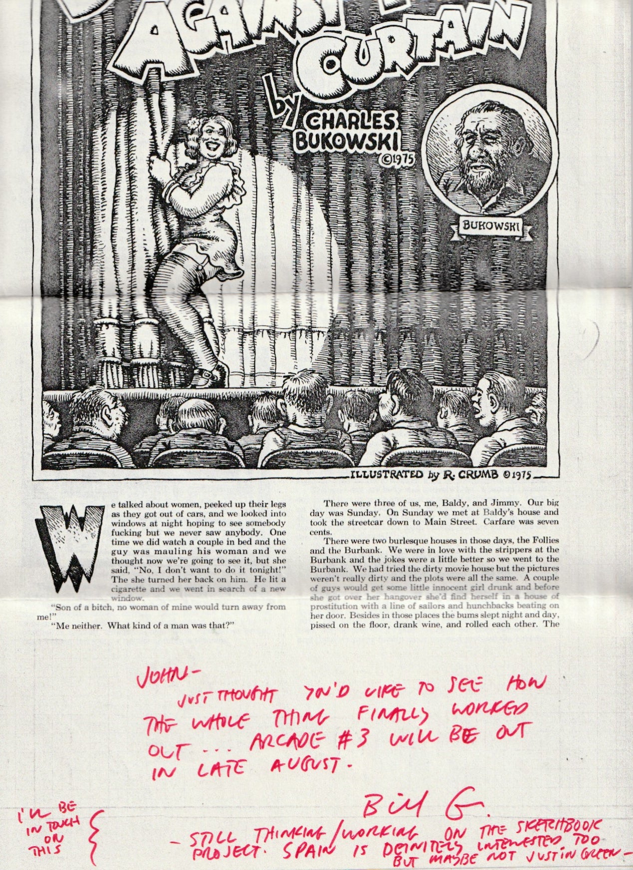 Signed Issue of Arcade 3 with a Bukowski Short-Story Illustrated by R. Crumb, Photocopies of Pre-Production Layouts with a Signed Note From Bill Griffith to John Martin, Promotional Flyer From Arcade for upcoming Bukowski/Crumb Issue.