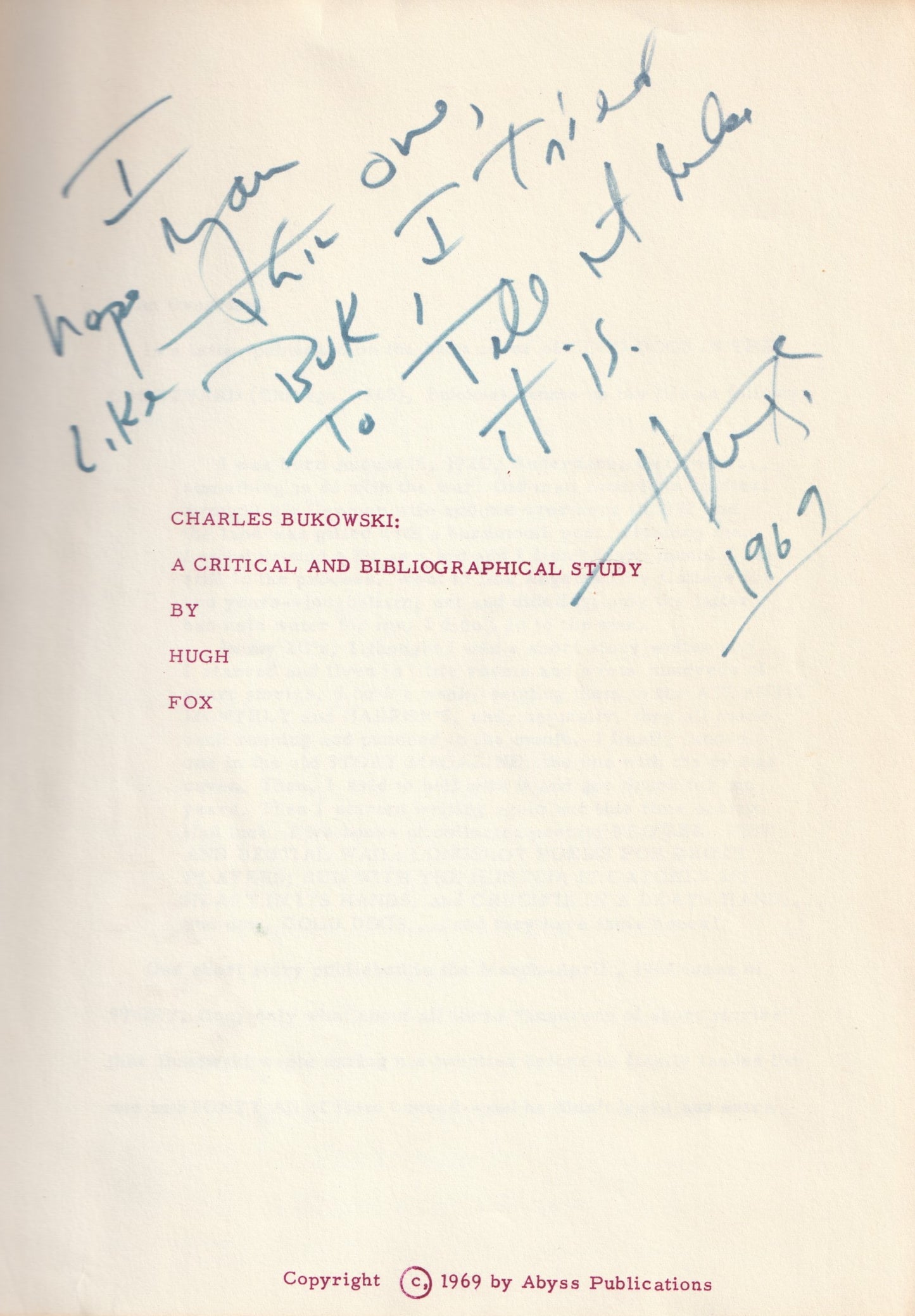 Charles Bukowski’s Personal Copy: Charles Bukowski: A Critical and Bibliographical Study