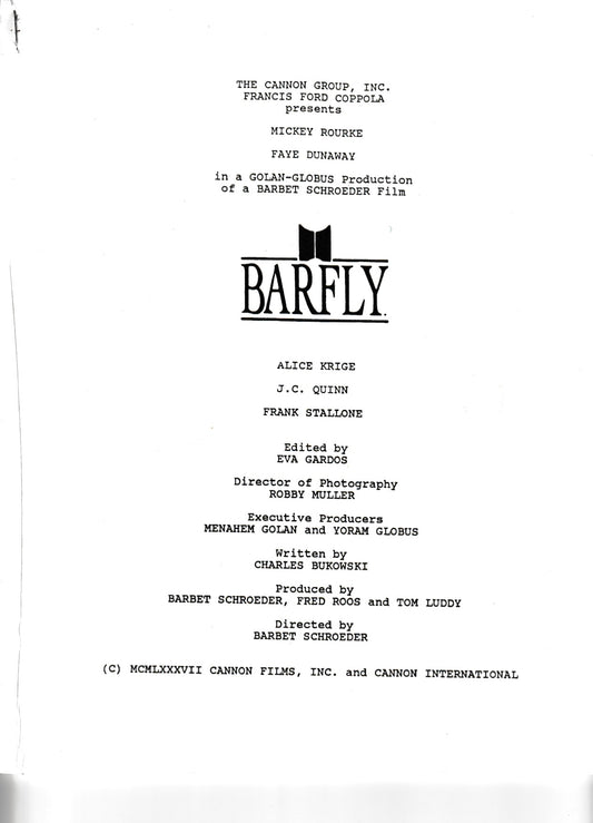 Promotional Description of Barfly issued by Cannon Films