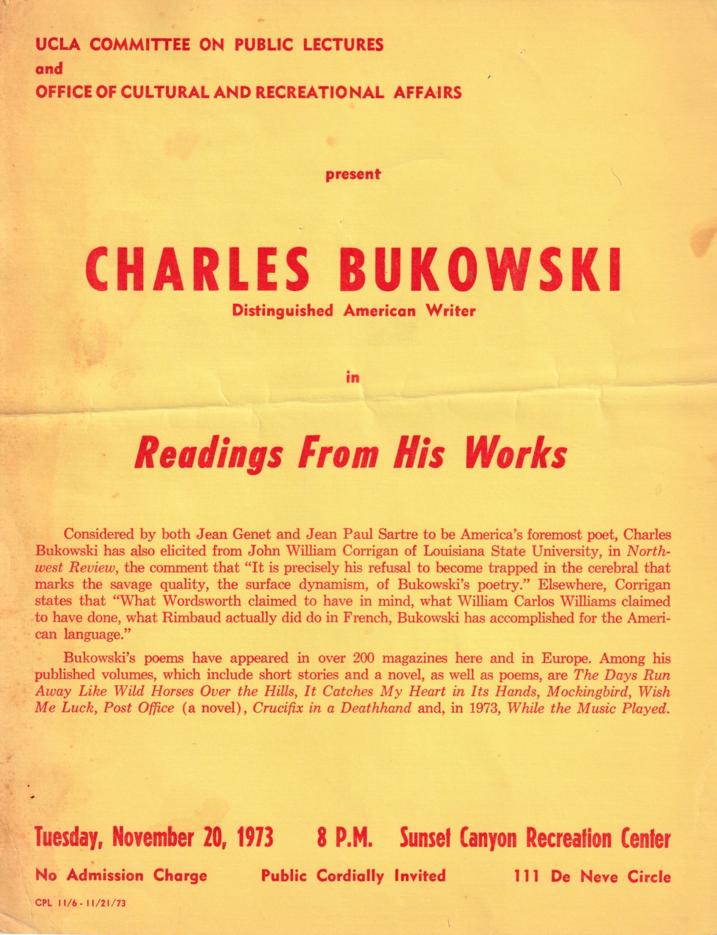 Poster for Bukowski Reading at UCLA Sunset Canyon Recreation Center, November 20, 1973