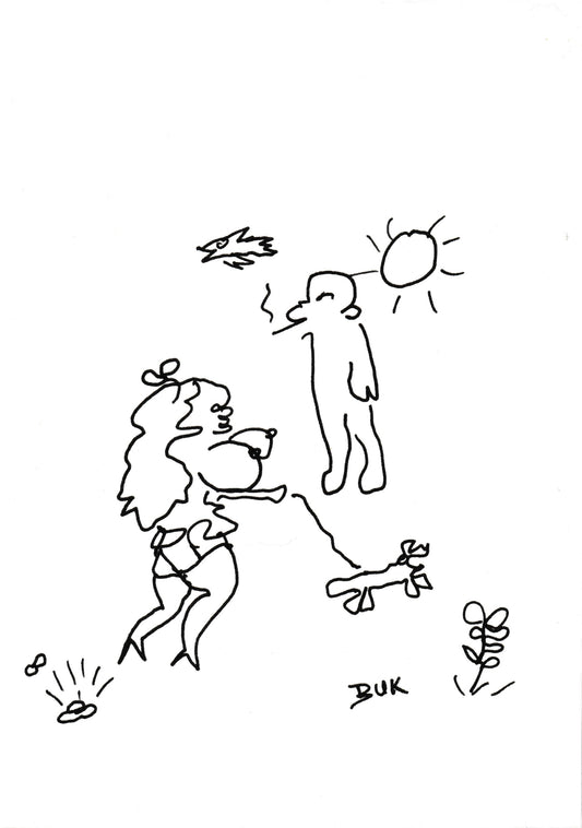 Signed Original Drawing by Charles Bukowski of Topless Woman Walking a Dog