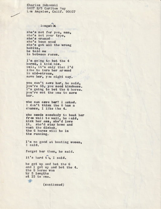 Longshot: Signed Manuscript by Charles Bukowski
