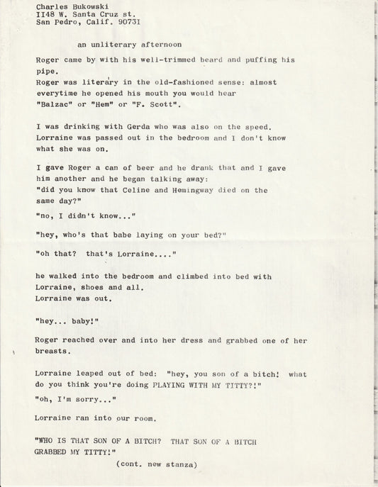 An Unliterary Afternoon: Signed Manuscript by Charles Bukowski