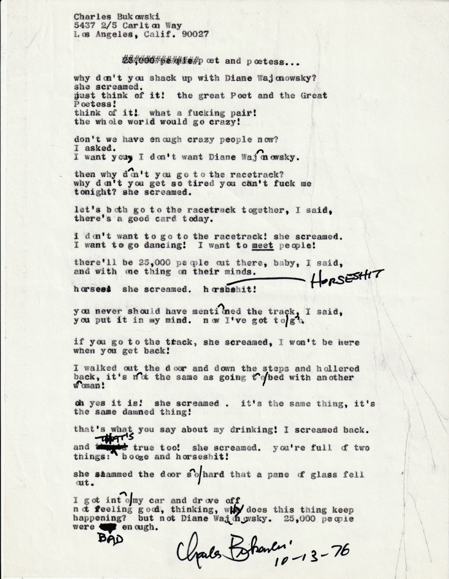 Charles Bukowski Signed Manuscript: poet and poetess (1976)