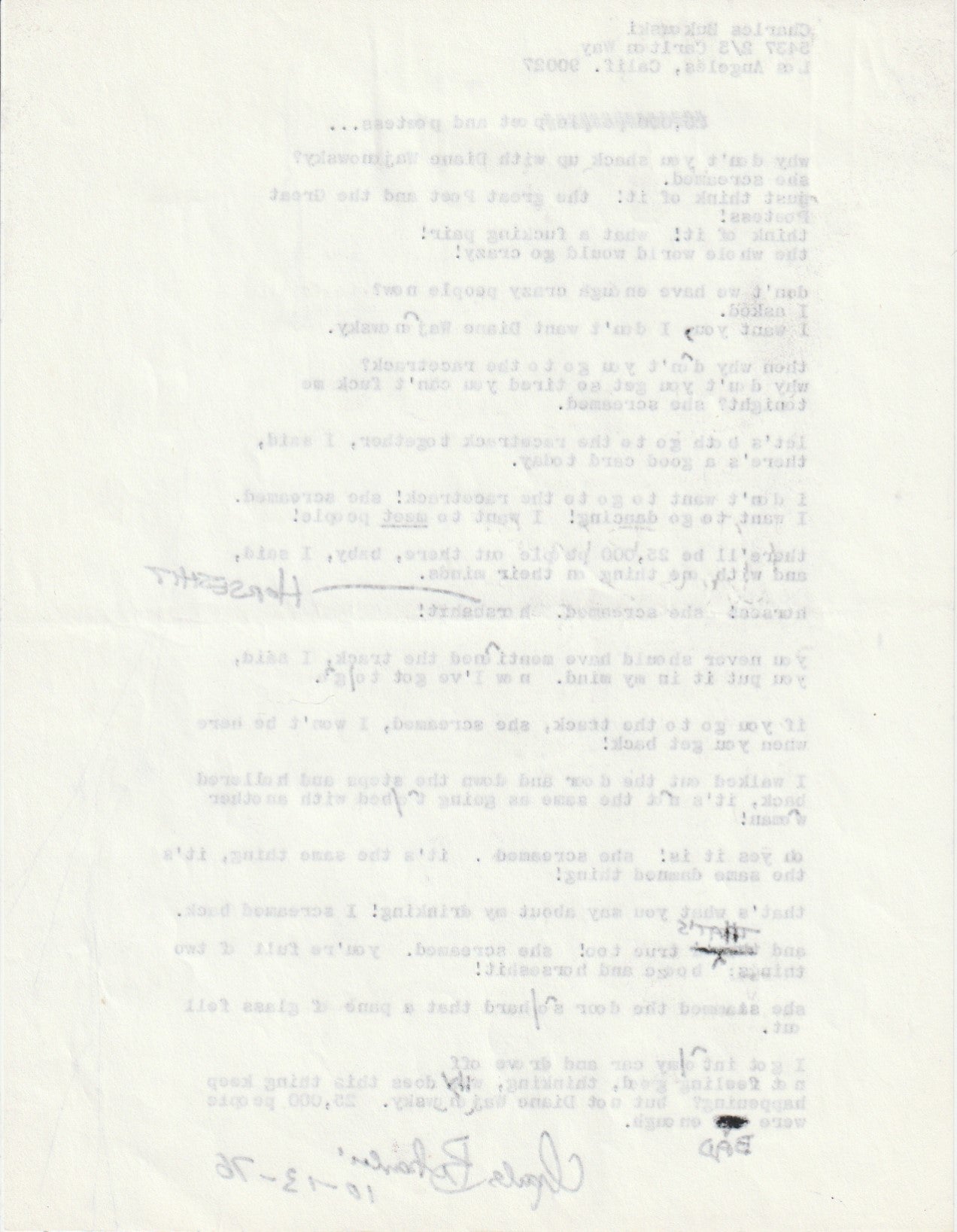 Charles Bukowski Signed Manuscript: poet and poetess (1976)