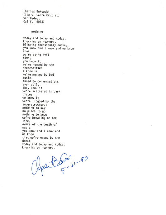 Nothing: Signed, Unpublished Poem by Charles Bukowski