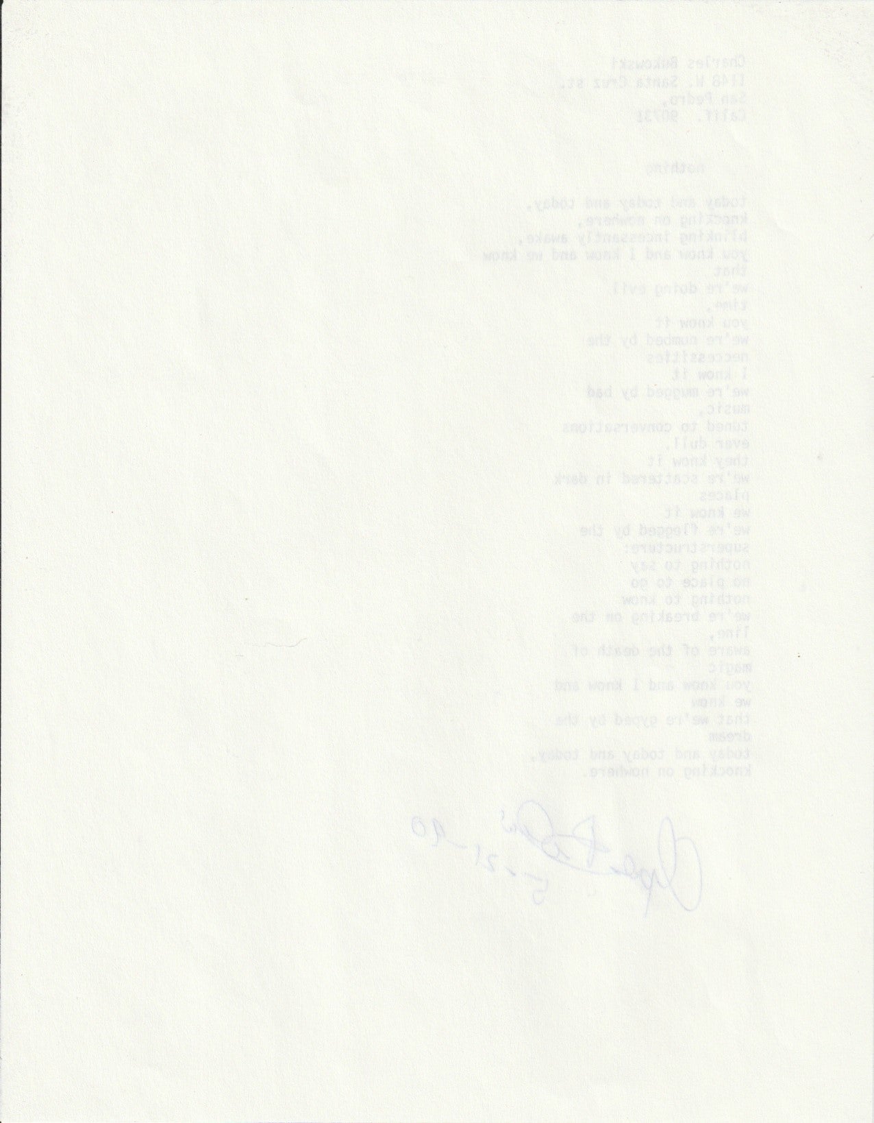 Nothing: Signed, Unpublished Poem by Charles Bukowski