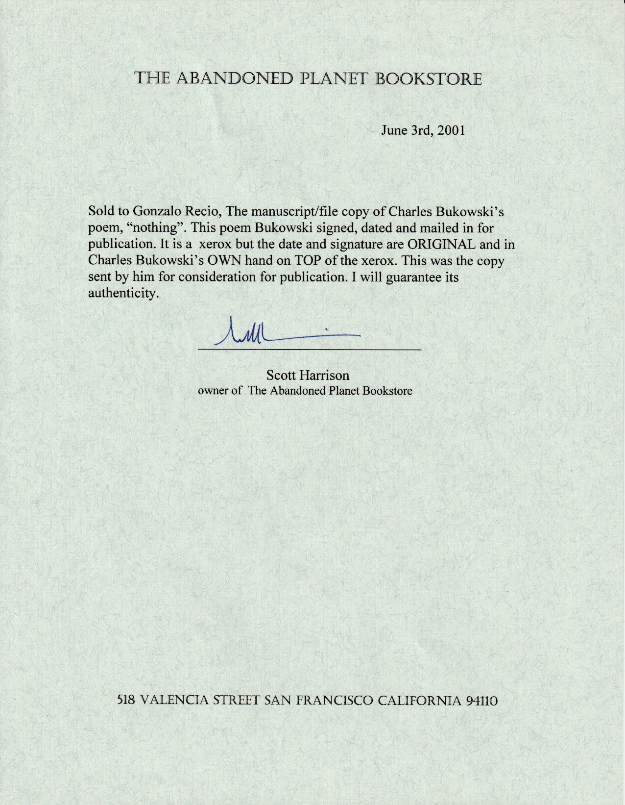 Nothing: Signed, Unpublished Poem by Charles Bukowski