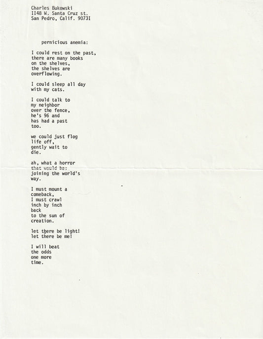 Pernicious Anemia: Unsigned Poem by Charles Bukowski