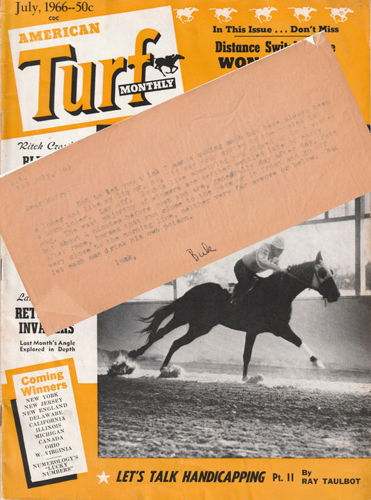 Charles Bukowski 1963 Signed Letter to “Harry” with American Turf Magazine (1966)