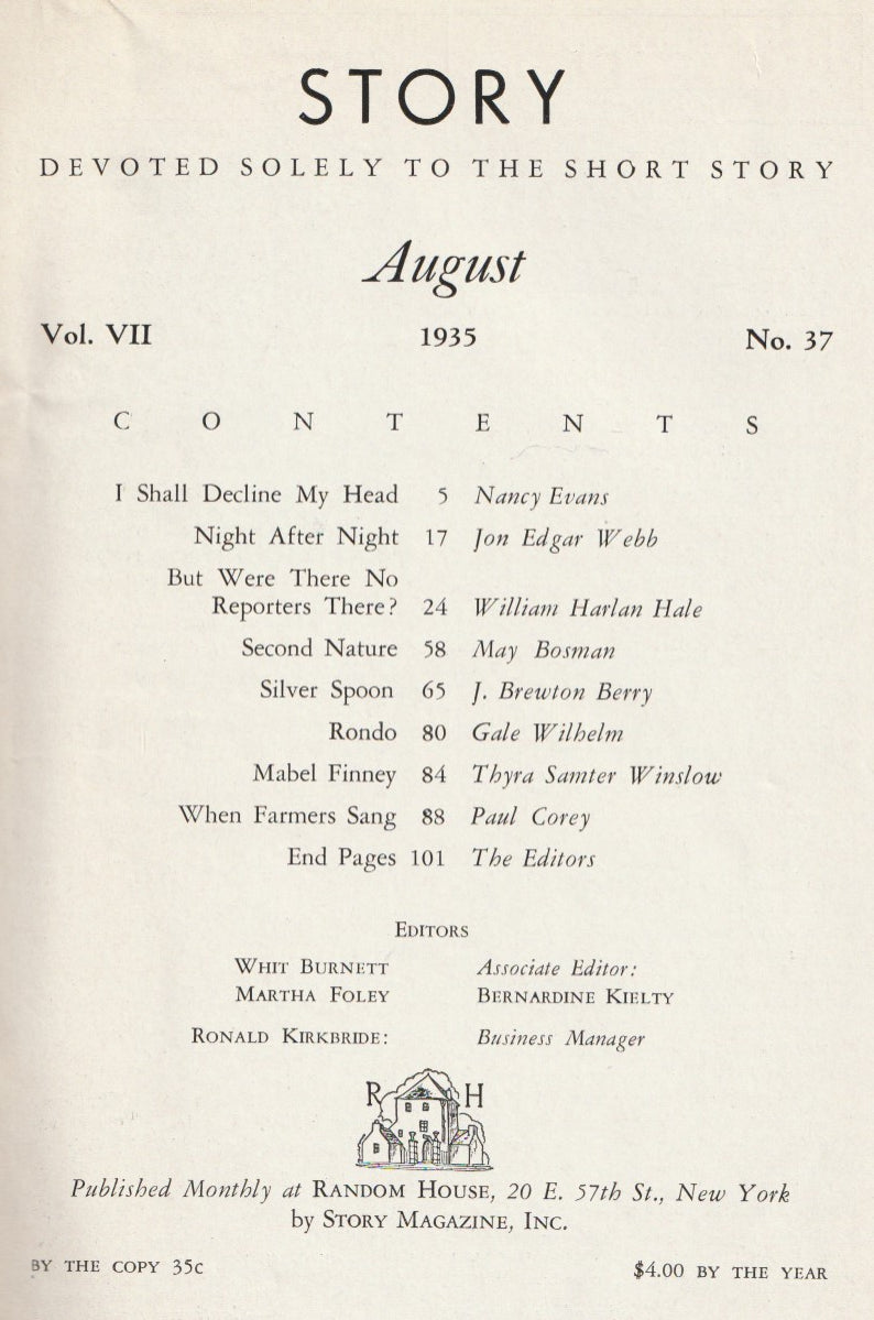 Jon Edgar Webb Short Story “Night after Night” in August 1935 Issue of Story