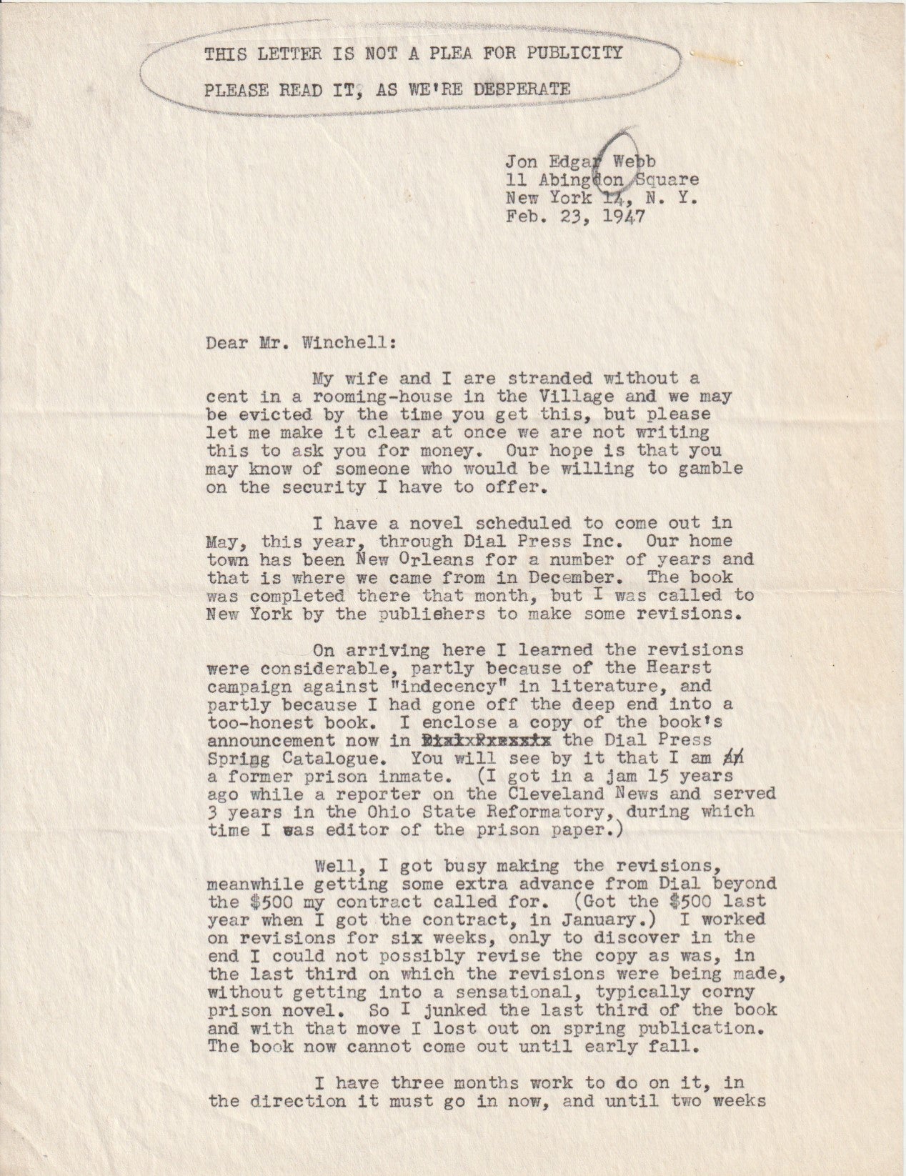 Signed Jon Webb Three-Page Letter to Walter Winchell with 1937 Dial Book Announcement