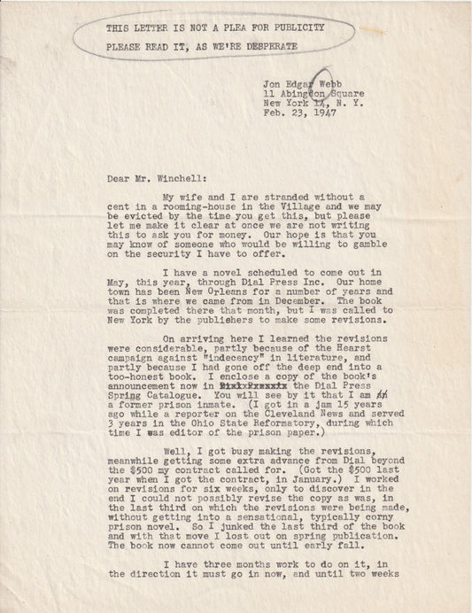 Signed Jon Webb Three-Page Letter to Walter Winchell with 1937 Dial Book Announcement