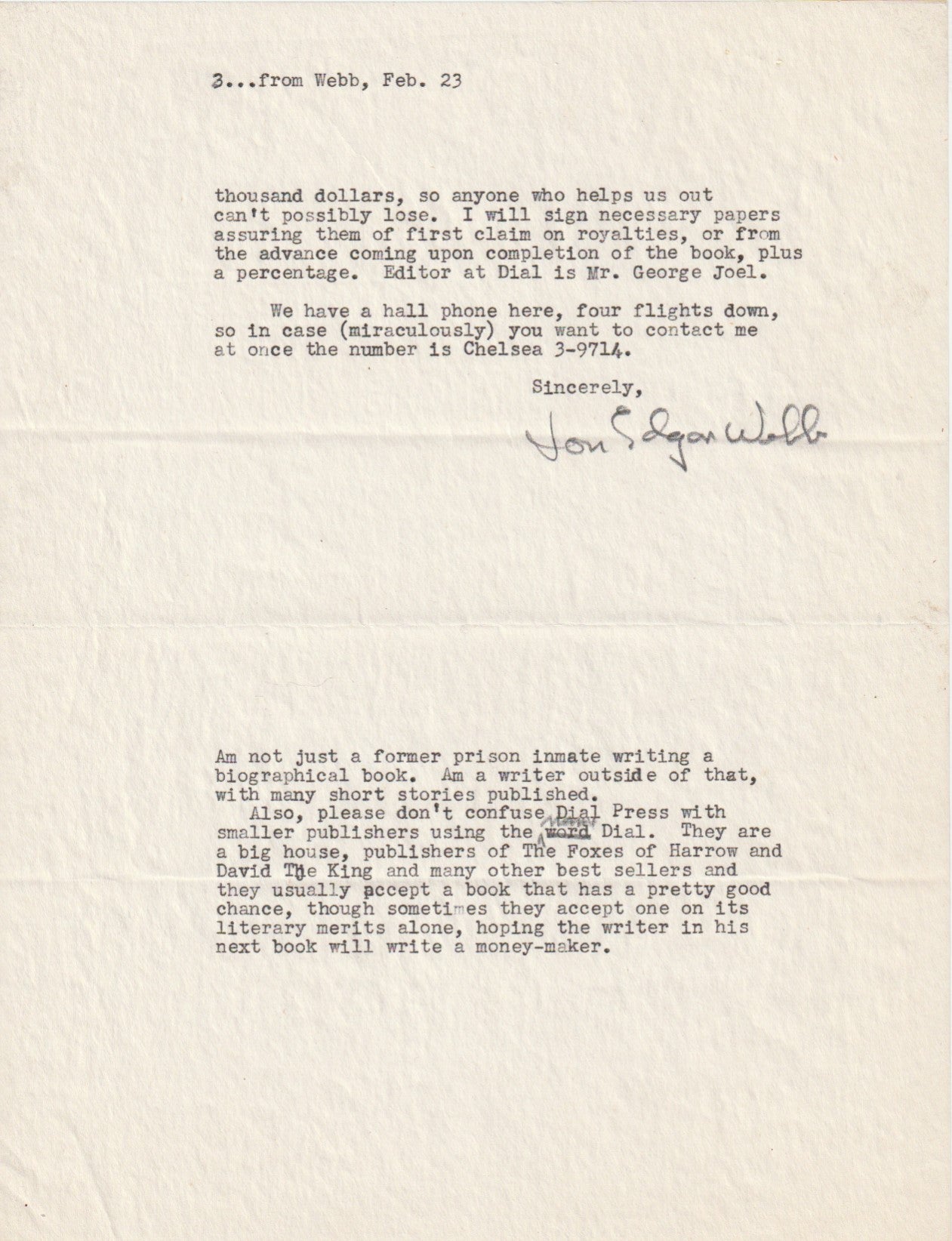 Signed Jon Webb Three-Page Letter to Walter Winchell with 1937 Dial Book Announcement