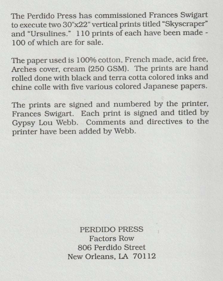 Signed by “Gypsy Lou Webb”: Two Large Prints (30” x 22”) Made with Original LouJon Plates, Perdido Press 1994