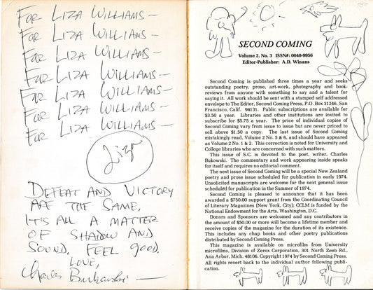 Special Bukowski Issue: Inscribed by Bukowski to Liza Williams