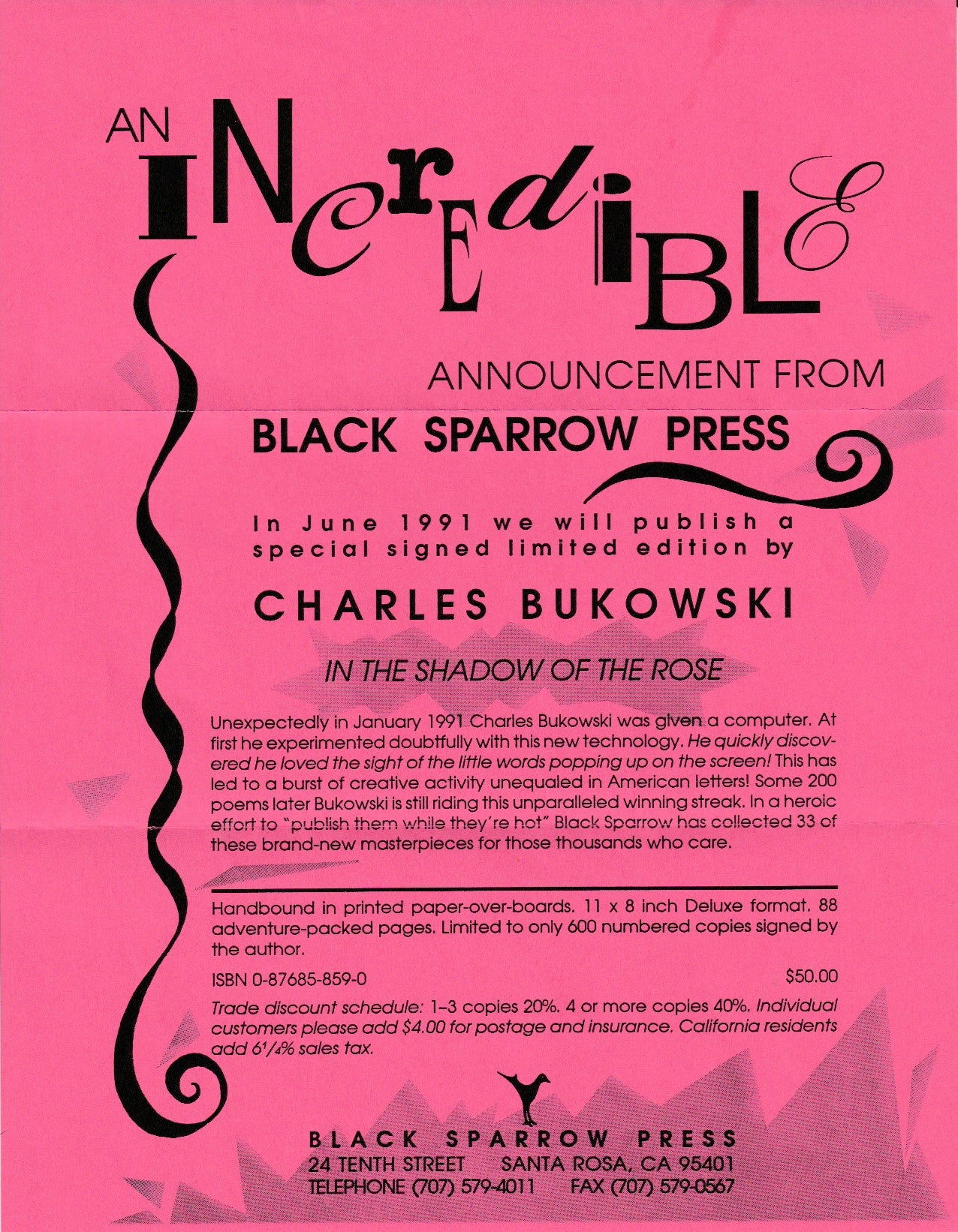 In the Shadow of the Rose -- Signed by Charles Bukowski  (#295/750) w/Prospectus