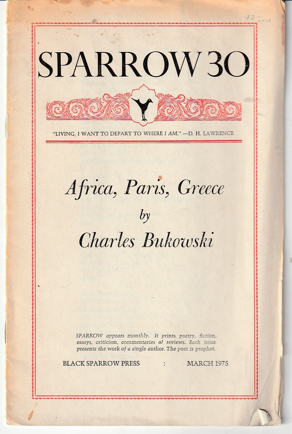 Sparrow magazine 30 and 72: Devoted to Poems by Charles Bukowski