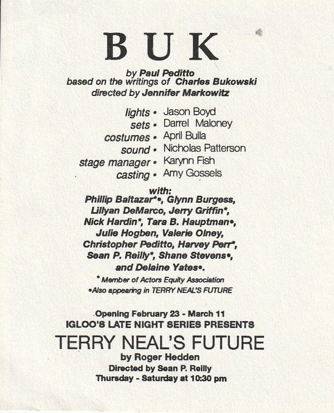 BUK: Flyer for The Life and Times of Charles Bukowski