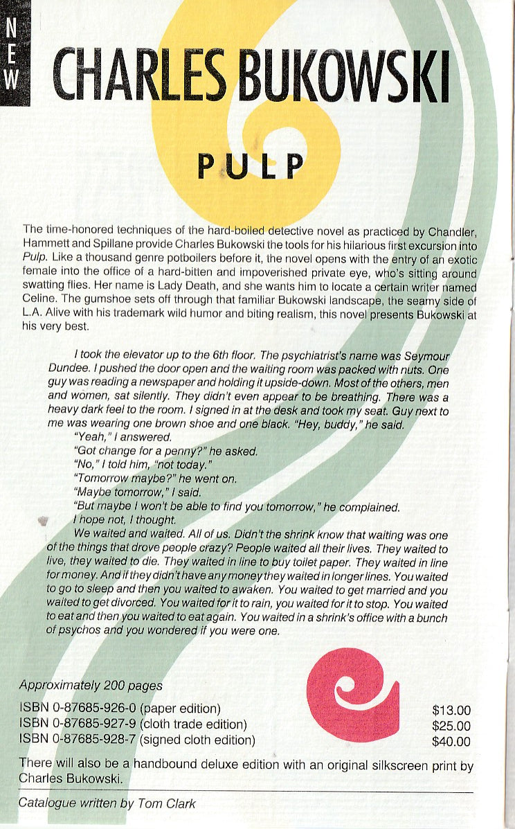PULP: Advance Review Copy w/ Broadside & Annoucement by Charles Bukowsk