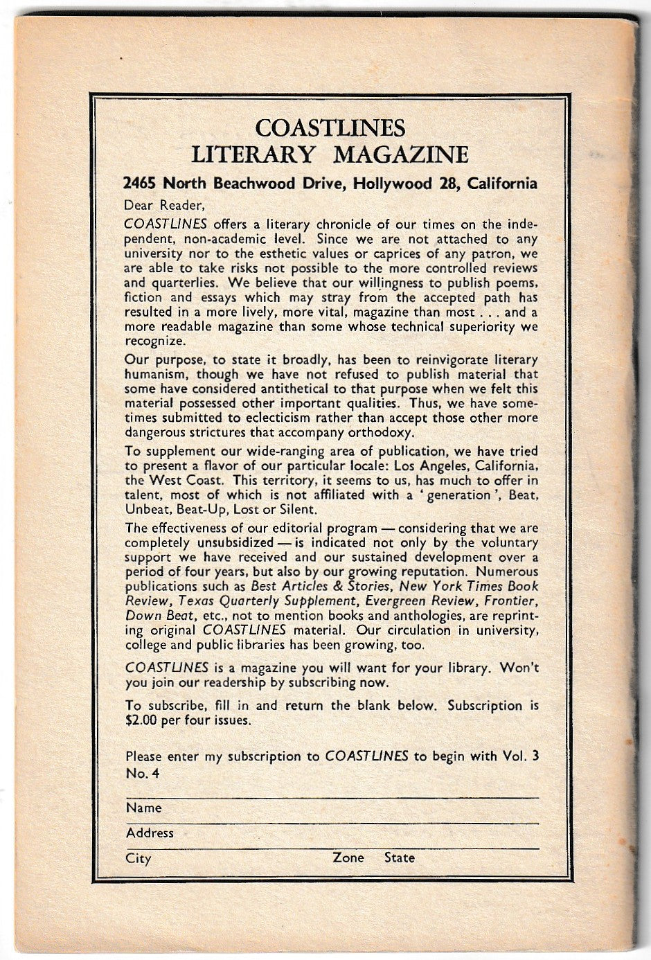 Coastlines 12: Signed by Charles Bukowski (1959)