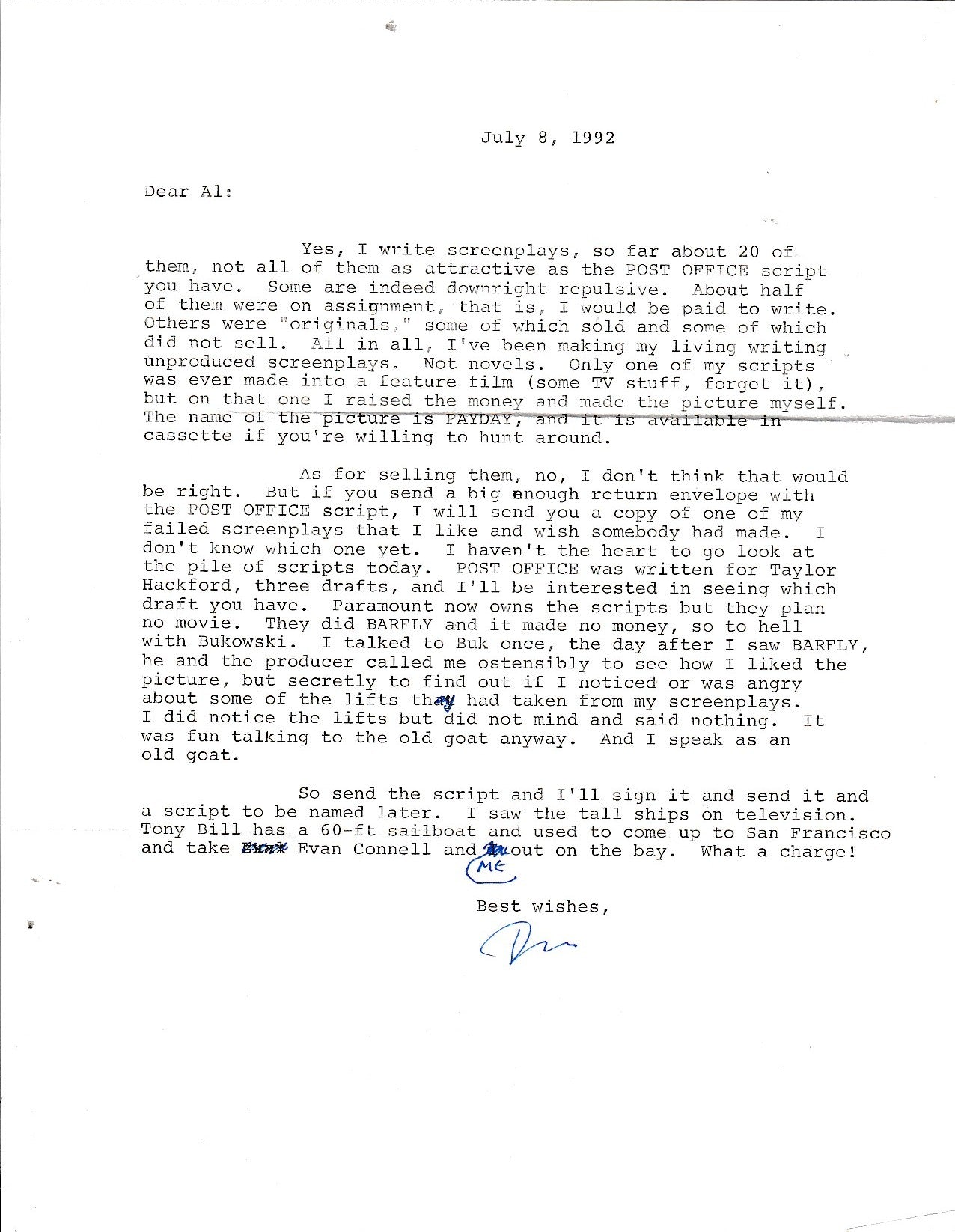 Post Office Screenplay Signed by Bukowski & Dan Carpenter w/ Signed Letter