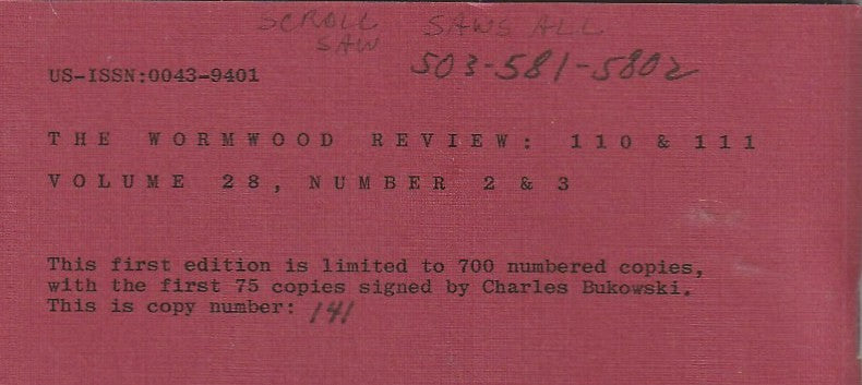 Wormwood Review 110 & 111 #141/700 -- Charles Bukowski Chapbook BEAUTI-FUL, Three Uncollected Poems, 19 Poems Total (1988)