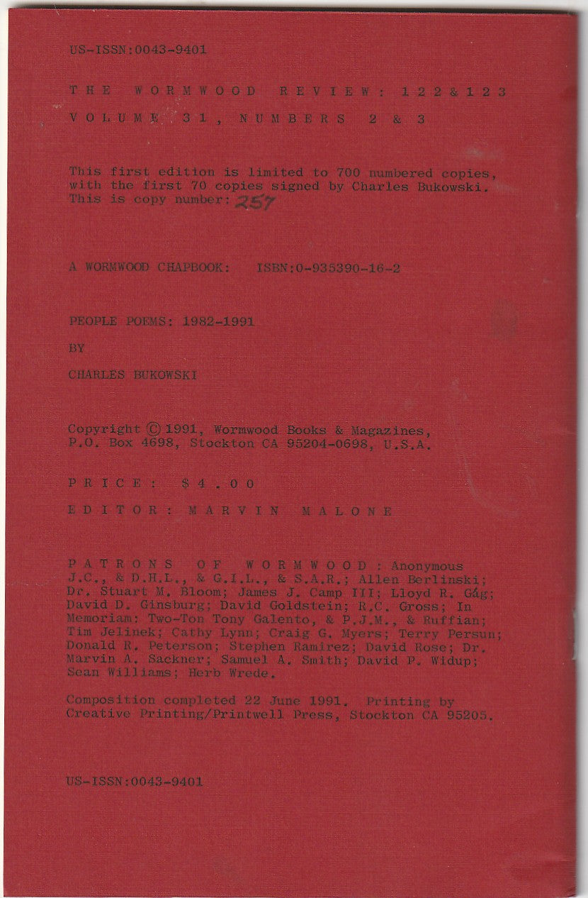 Wormwood Review 122 & 123 #257/700 -- Charles Bukowski Chapbook People Poems, 43 Poems, Five Uncollected
