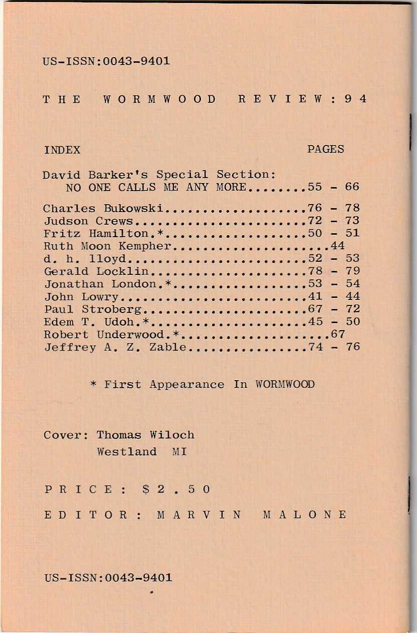 Wormwood Review 94 #454/700 — 3 Poems, Two Uncollected by Charles Bukowski