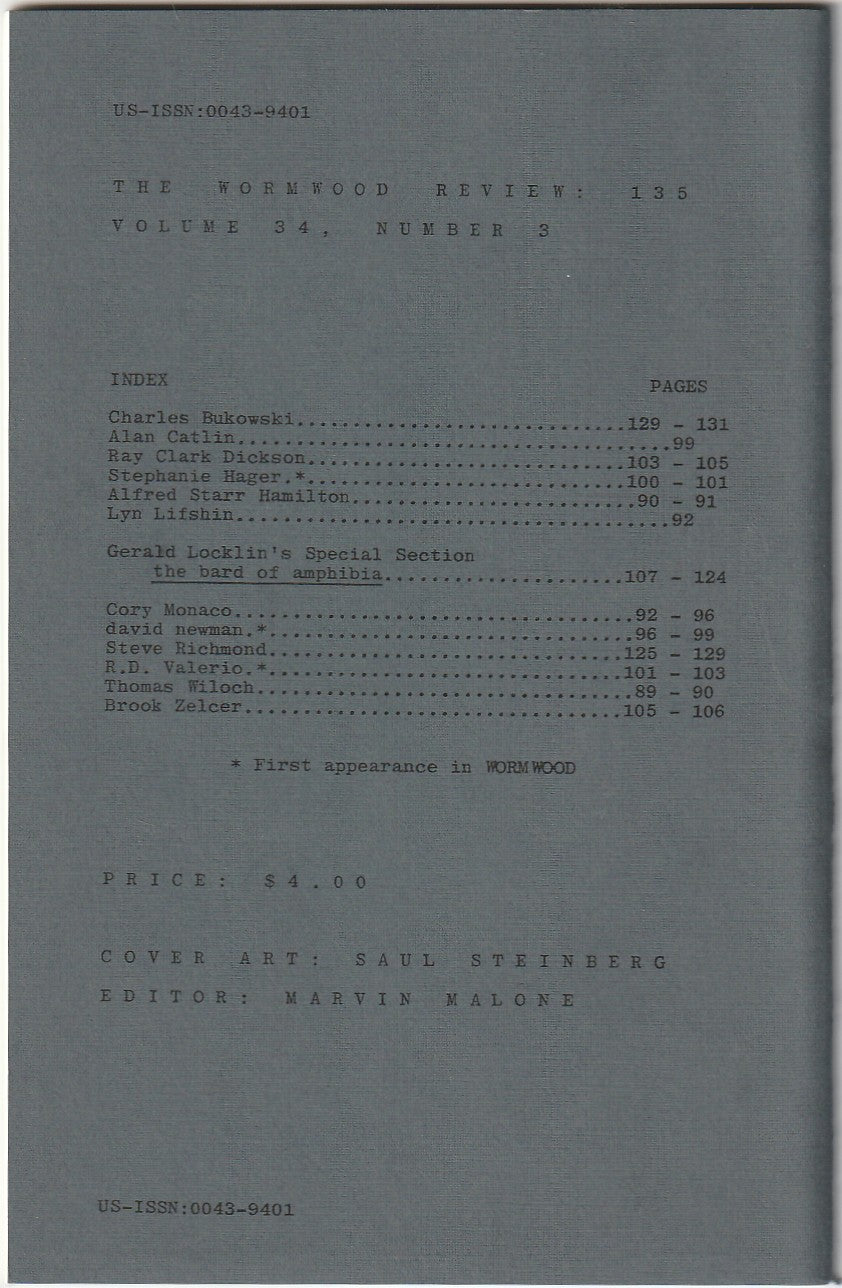 Wormwood Review 135 #367/700 — 3 Poems, One Uncollected by Charles Bukowski