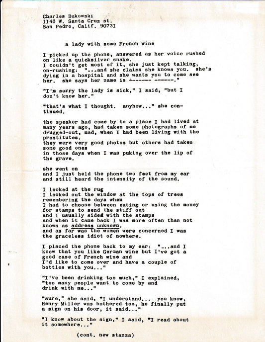 A lady with Some French Wine: Signed, Uncollected Poem by Charles Bukowski
