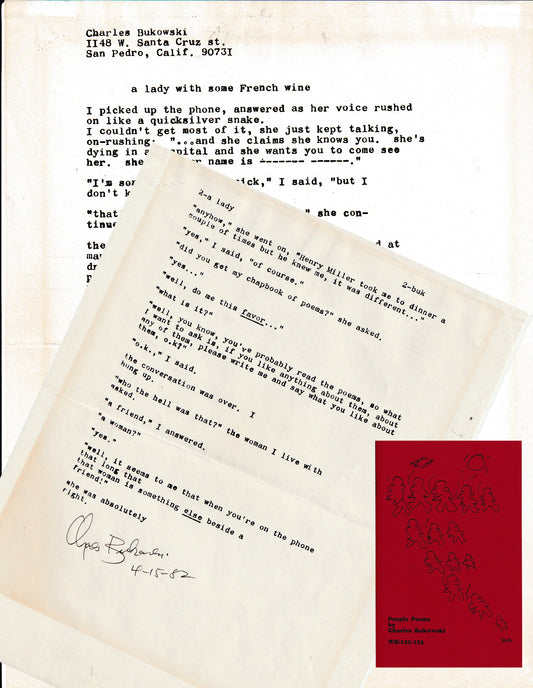 Signed, Two-Page Uncollected Poem by Charles Bukowski: A lady with some French wine