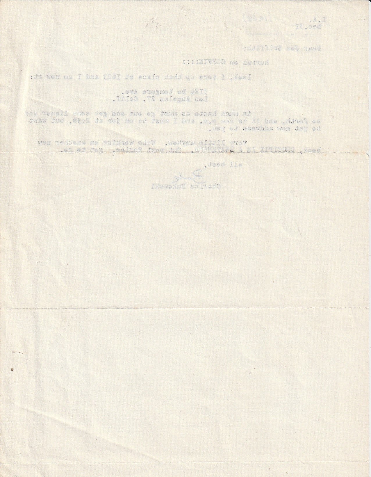 Coffin 1 – Signed Letter and Portfilio Featuring Charles Bukowski’s First Standalone Work