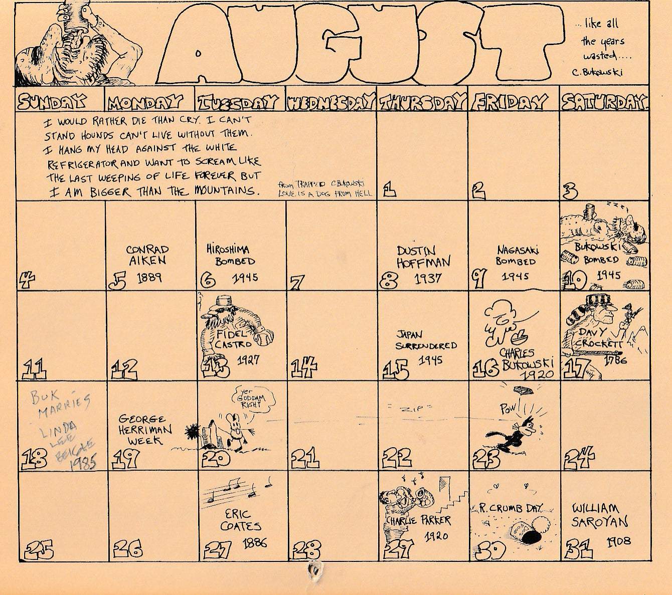 Charles Bukowski Calendar – Signed and Hung at Red Stodolsky’s Baroque Book Store