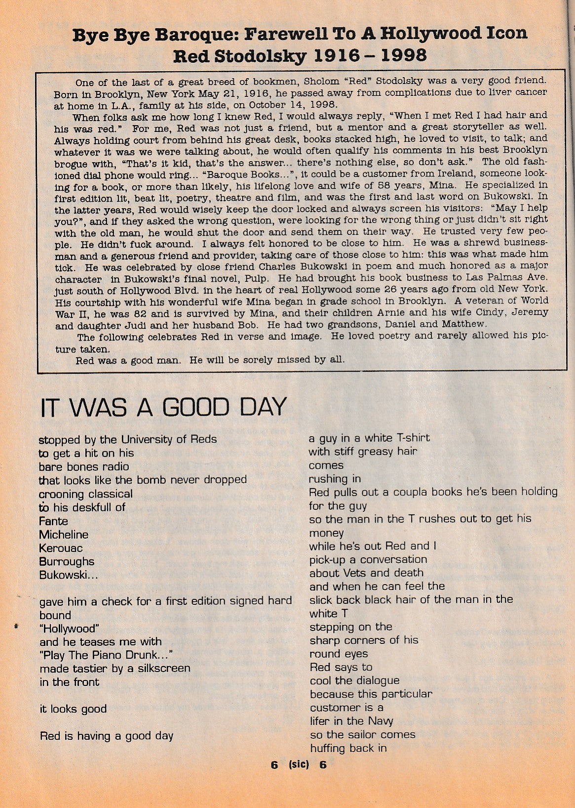 [sic] Dec. 1998 – Jan. 1999: Tribute to Red Stodolsky