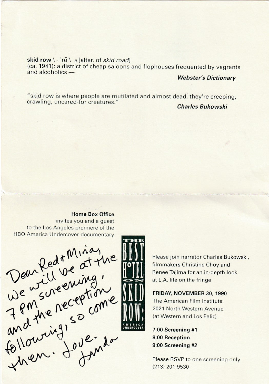 Photo and Linda Lee Bukowski Signed Invitation for the Film, “The Best Hotel On Skid Row”