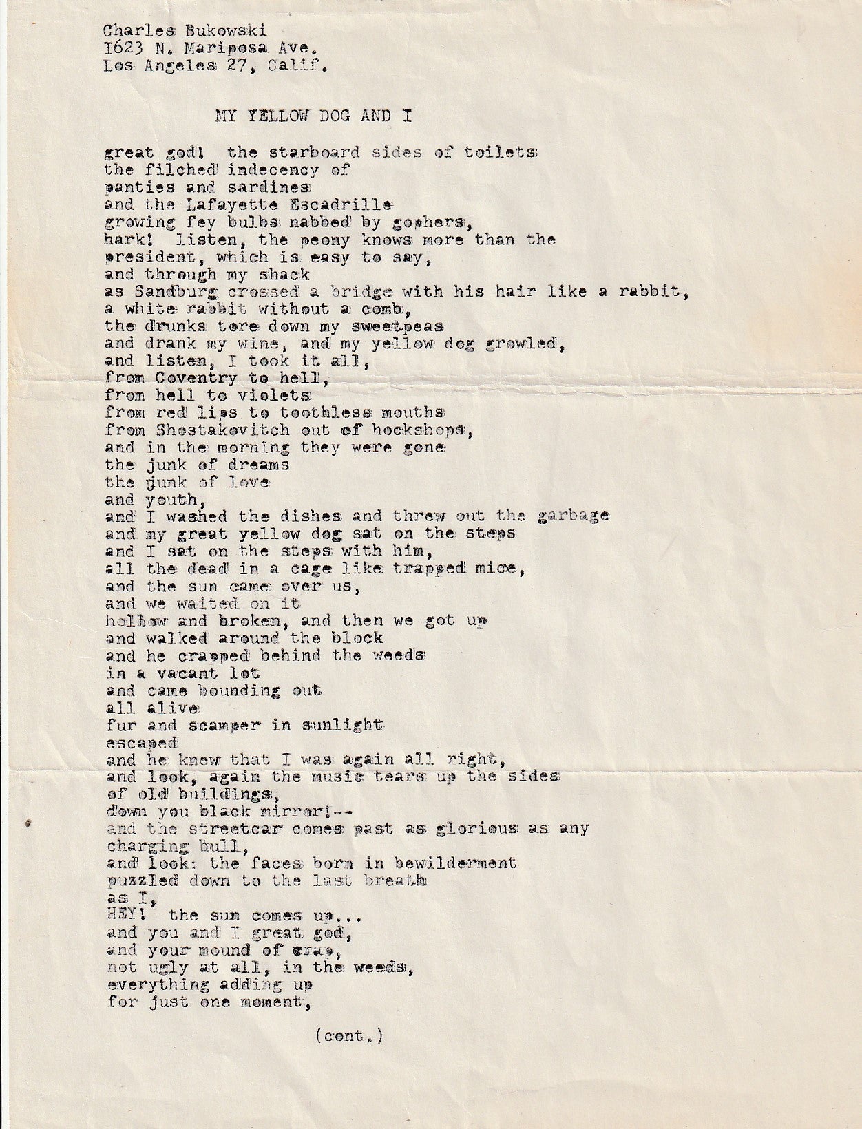 Original Typescript From 1960: My Yellow Dog and I by Charles Bukowski