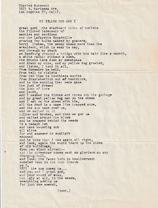 Original Typescript From 1960: My Yellow Dog and I by Charles Bukowski