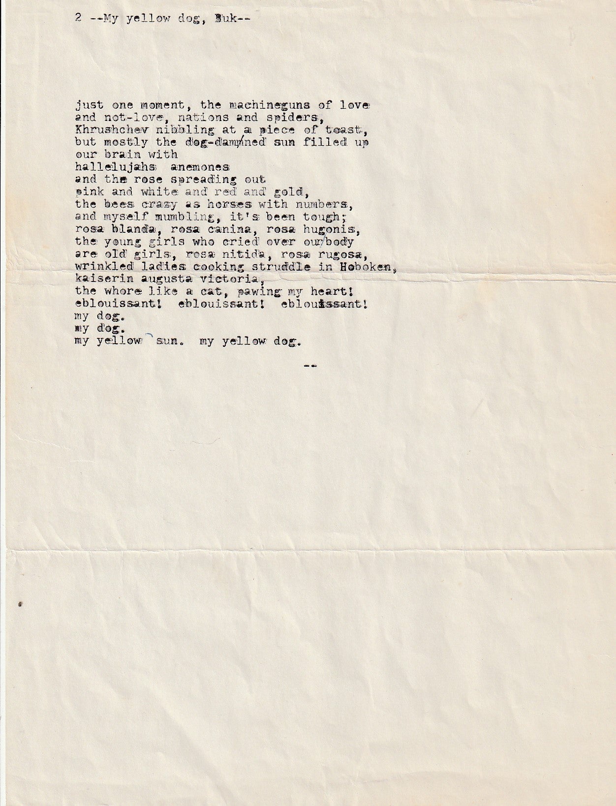Original Typescript From 1960: My Yellow Dog and I by Charles Bukowski