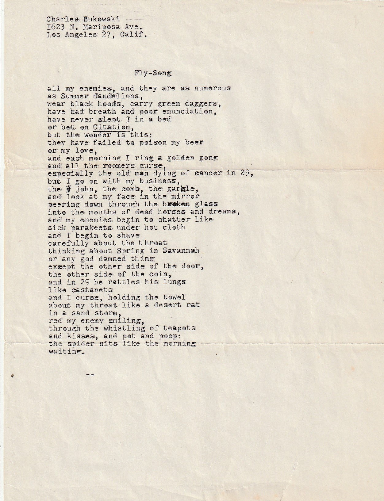 Early Original Typescript: Fly-Song by Charles Bukowski