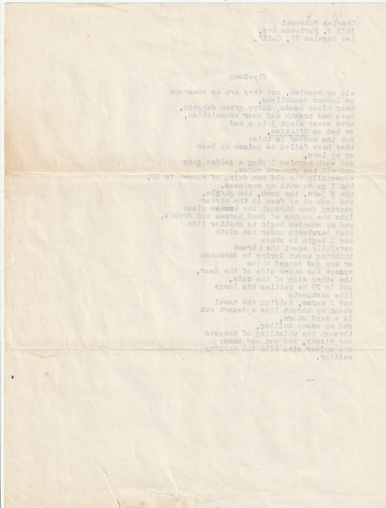 Early Original Typescript: Fly-Song by Charles Bukowski