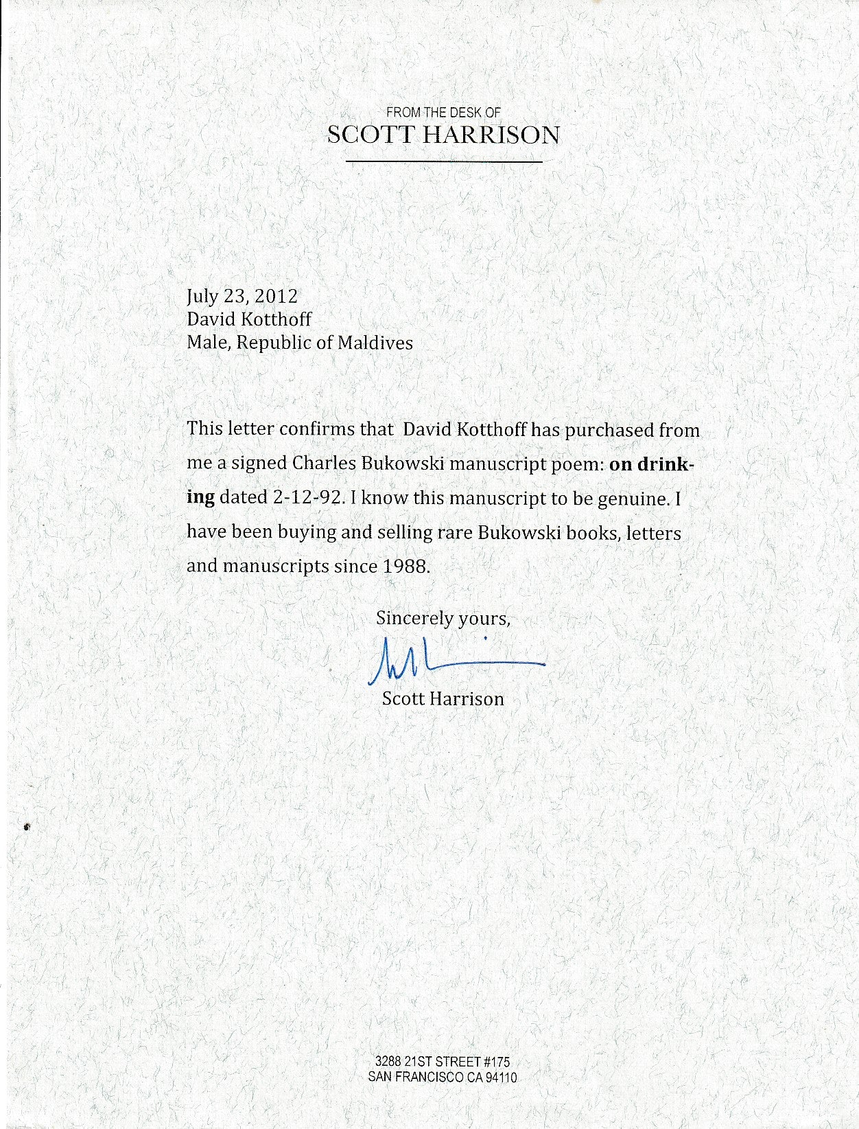 On Drinking: Signed, Unpublished Poem by Charles Bukowski