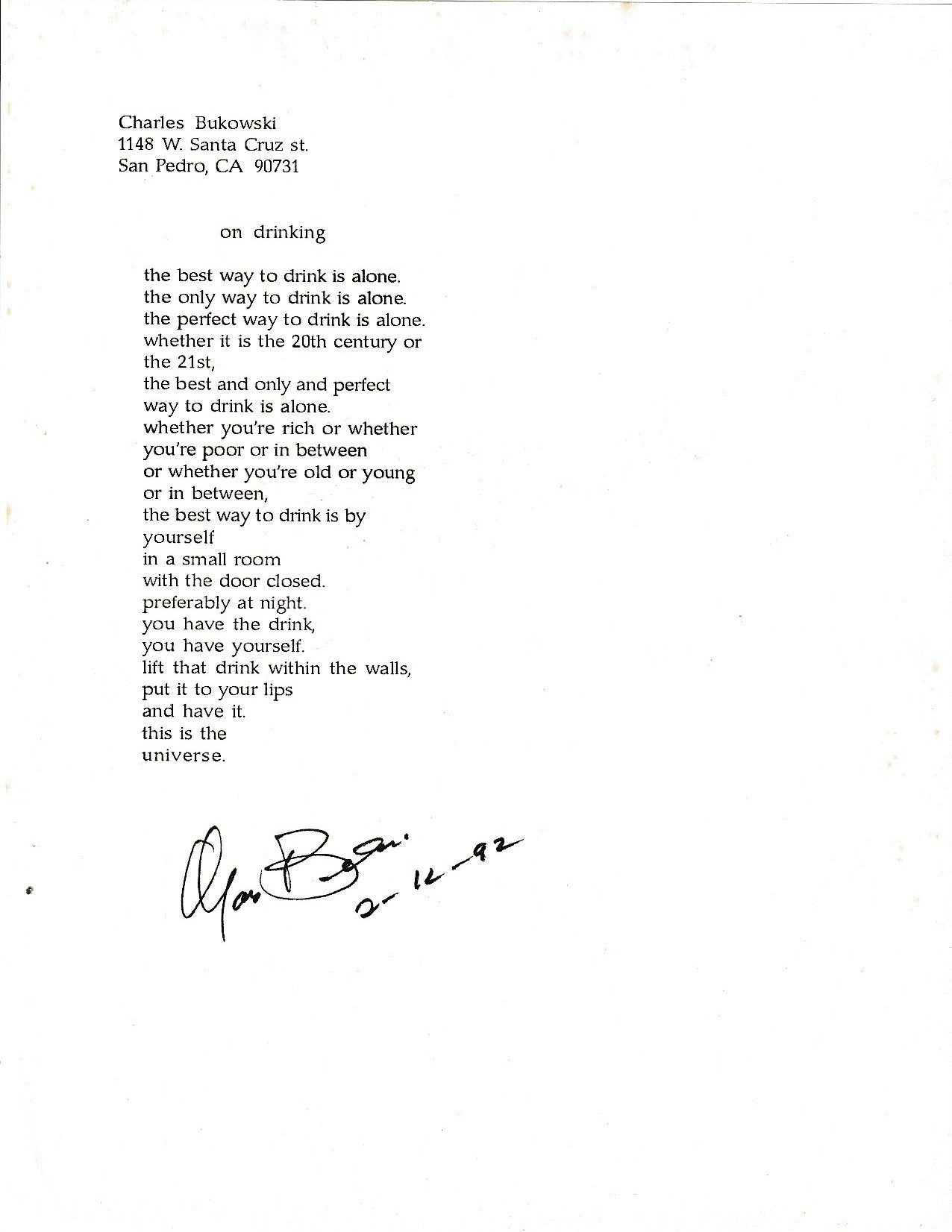 On Drinking: Signed, Unpublished Poem by Charles Bukowski