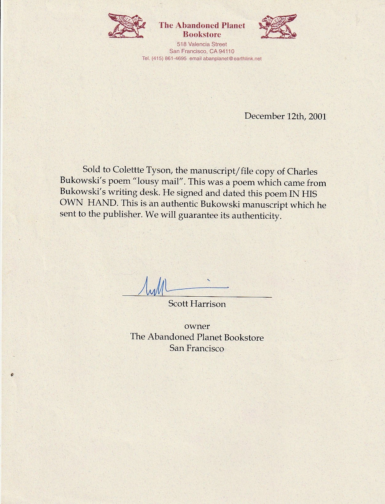 Lousy mail: Signed Charles Bukowski Poem that Appeared in “Come On In”