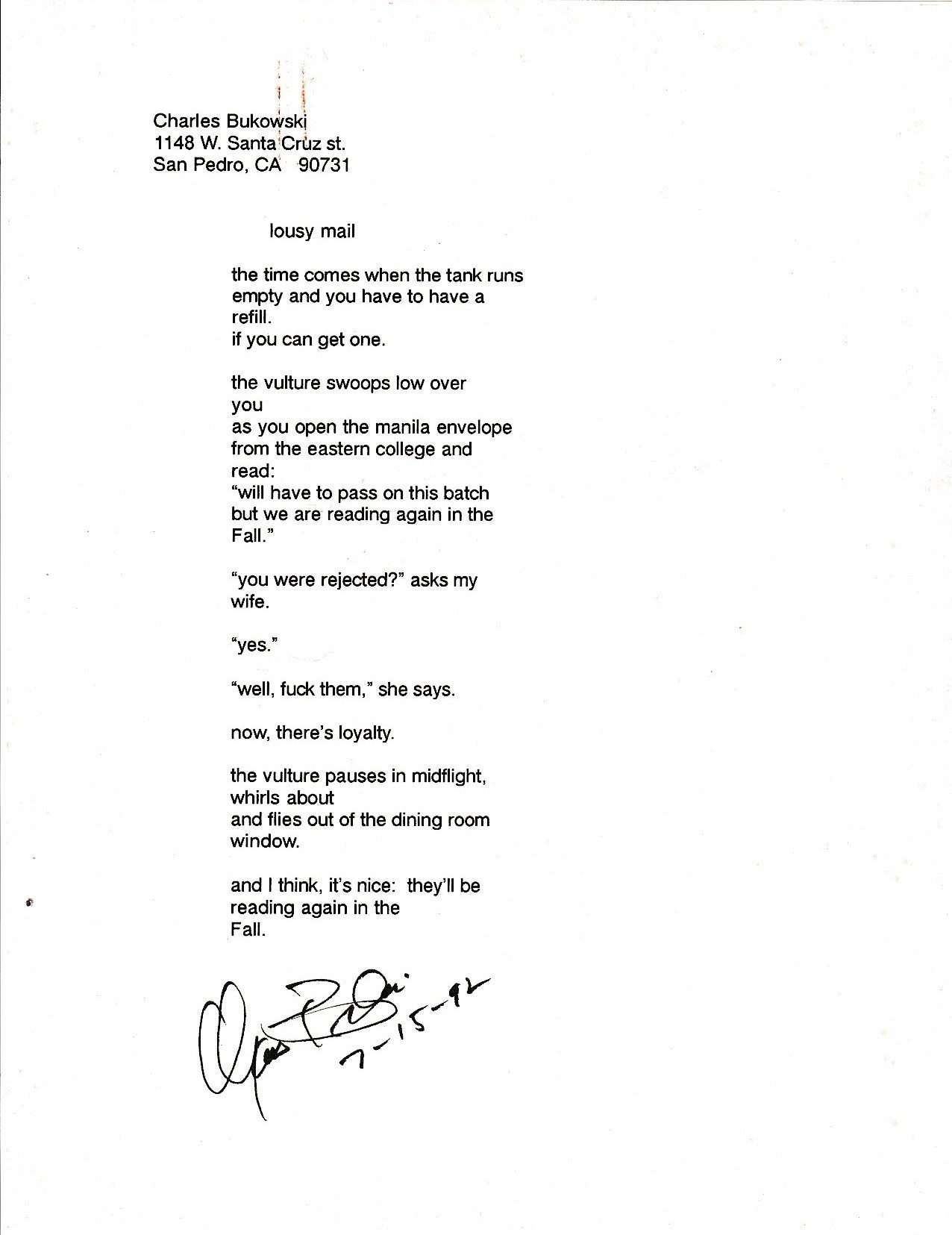 Lousy mail: Signed Charles Bukowski Poem that Appeared in “Come On In”